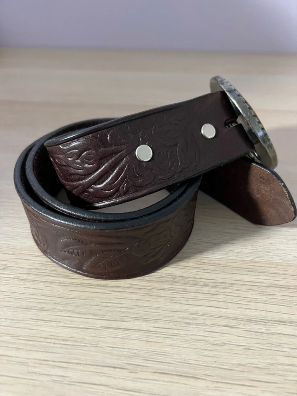 Faithful Designs X IVAN Oval Cherry Blossoms Metal Buckle Tooled Leather Belt XS